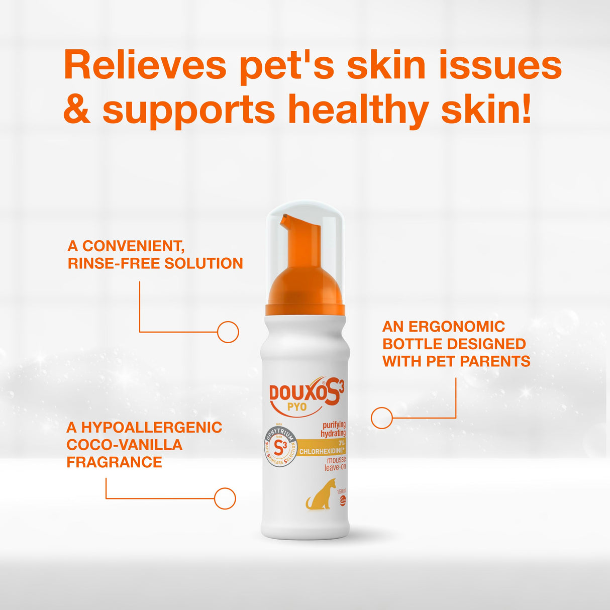 Douxo S3 Pyo Mousse, Contains 3% Chlorhexidine & 0.5% Ophytrium, Antiseptic & Hydrating, for Bacterial or Yeast Skin Infections, for Dogs, 5 fl. oz. (150mL)