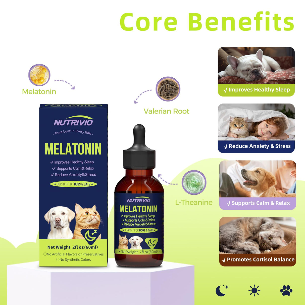 Nutrivio Liquid Melatonin for Dogs and Cats, Cat Melatonin, Dog Sleep Aid, Dog Anxiety Relief, Calming Behavior in Pets, Helps Restful Sleep, Small & Large Dogs, Bacon Flavor (60ml)