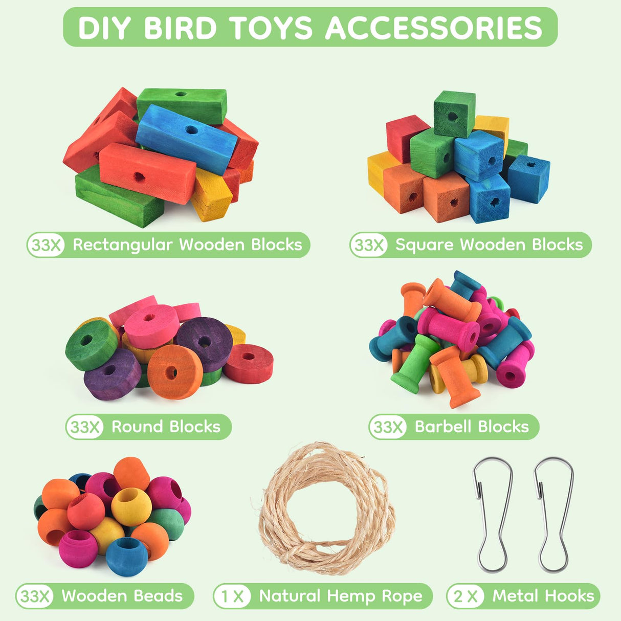 DBNESS Bird Toys for Parrot, 165 Pcs Colorful Multi-Shaped DIY Wooden Blocks Craft, Birds Cage Chewing Playing Training Toy for Cockatoos, Macaws, African Grey and Small Medium Parrots