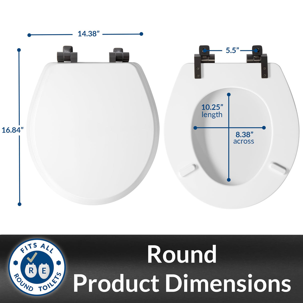 Mayfair Bennett Toilet Seat with Matte Black Hinges, Slow Close Wood Seat, Secure Metal Hinges, Easy Install, Made in USA, Round, White