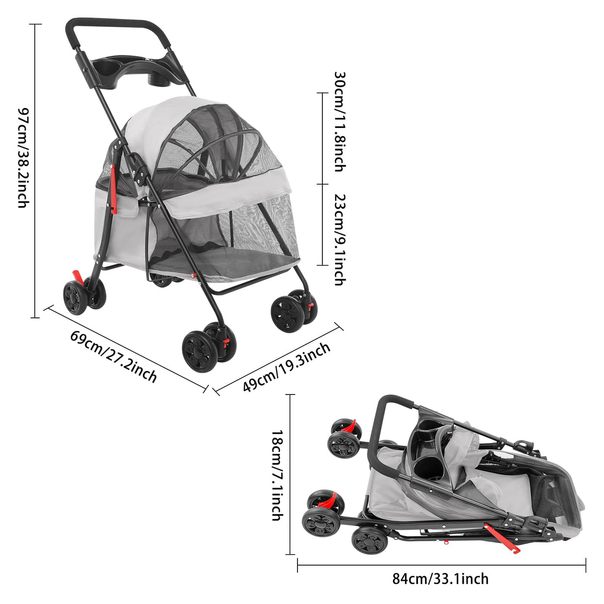 Dog Stroller with Casters, 40LBS Capacity Foldable Cat Pet Stroller with Storage Basket&Cup Holder, Foam Handle, Steel Frame for Small Medium Dogs Cats(Light Grey)