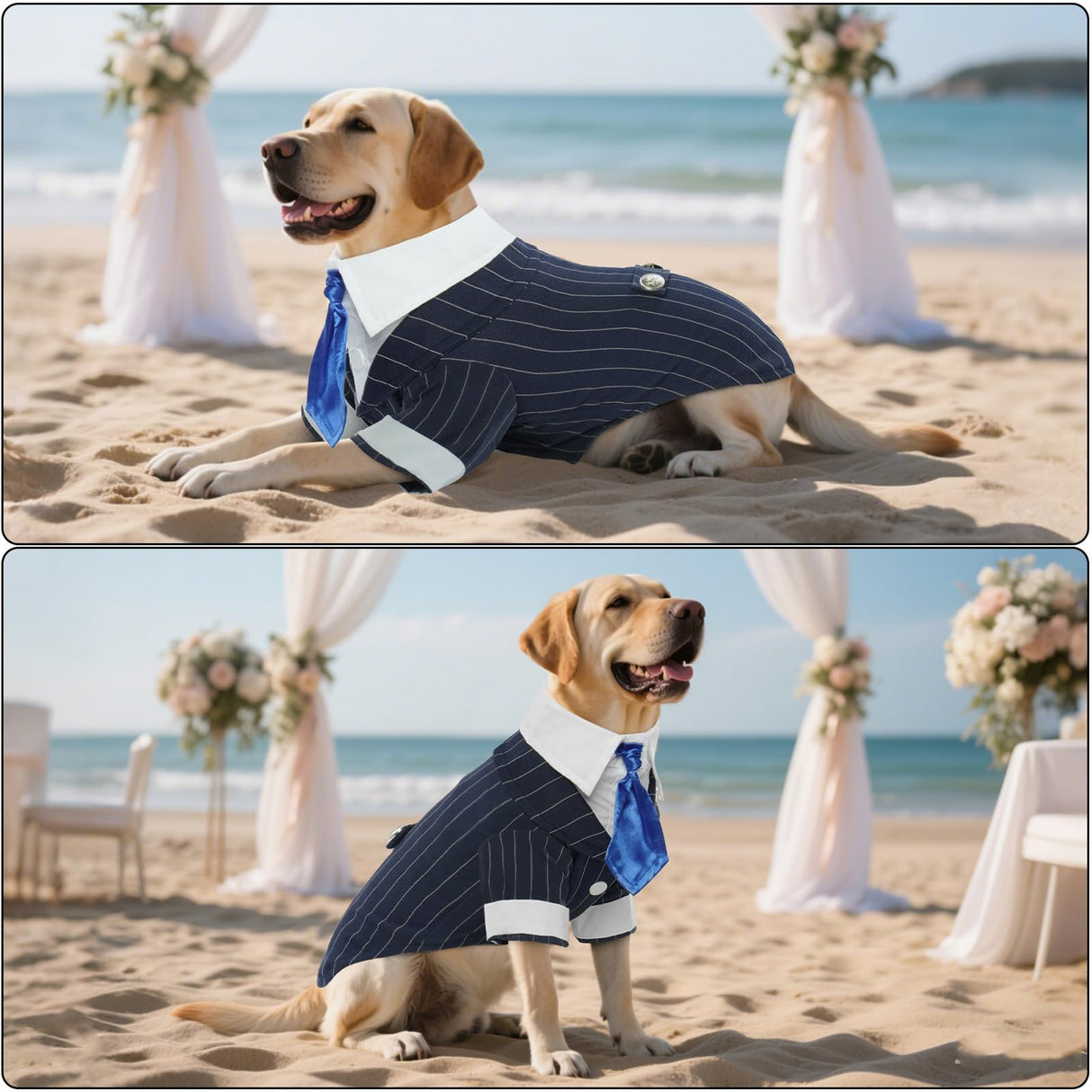 DENTRUN Navy Blue Dog Tuxedo - Formal Pinstripe Pet Suit Shirt with Satin Tie, Elegant Wedding Outfit Birthday Party Attire for Golden Retriever Husky Border Collie Large Dogs (Polyester), XXXL