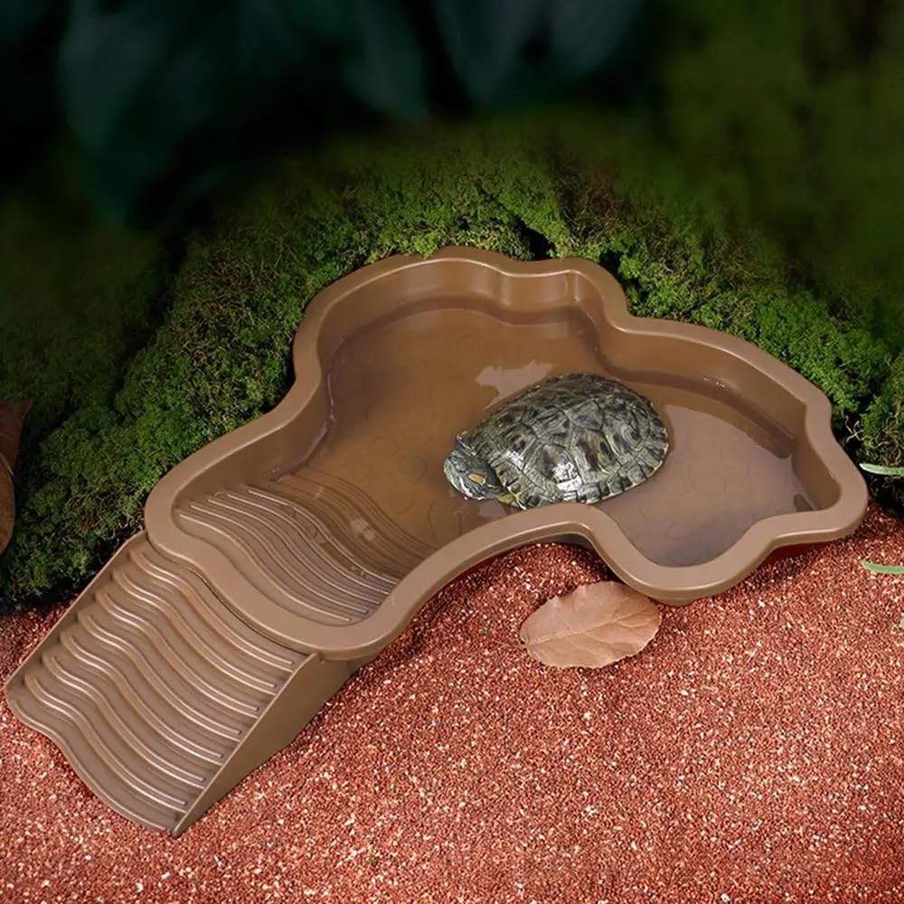 Flushbay Extra Large Reptile Bathing Pool Reptile Feeding Dish Water Bowl with Ramp Aquarium Ornament for Gecko, Snake, Turtle, Bearded Dragon, Lizard Bath (Brown Yellow)