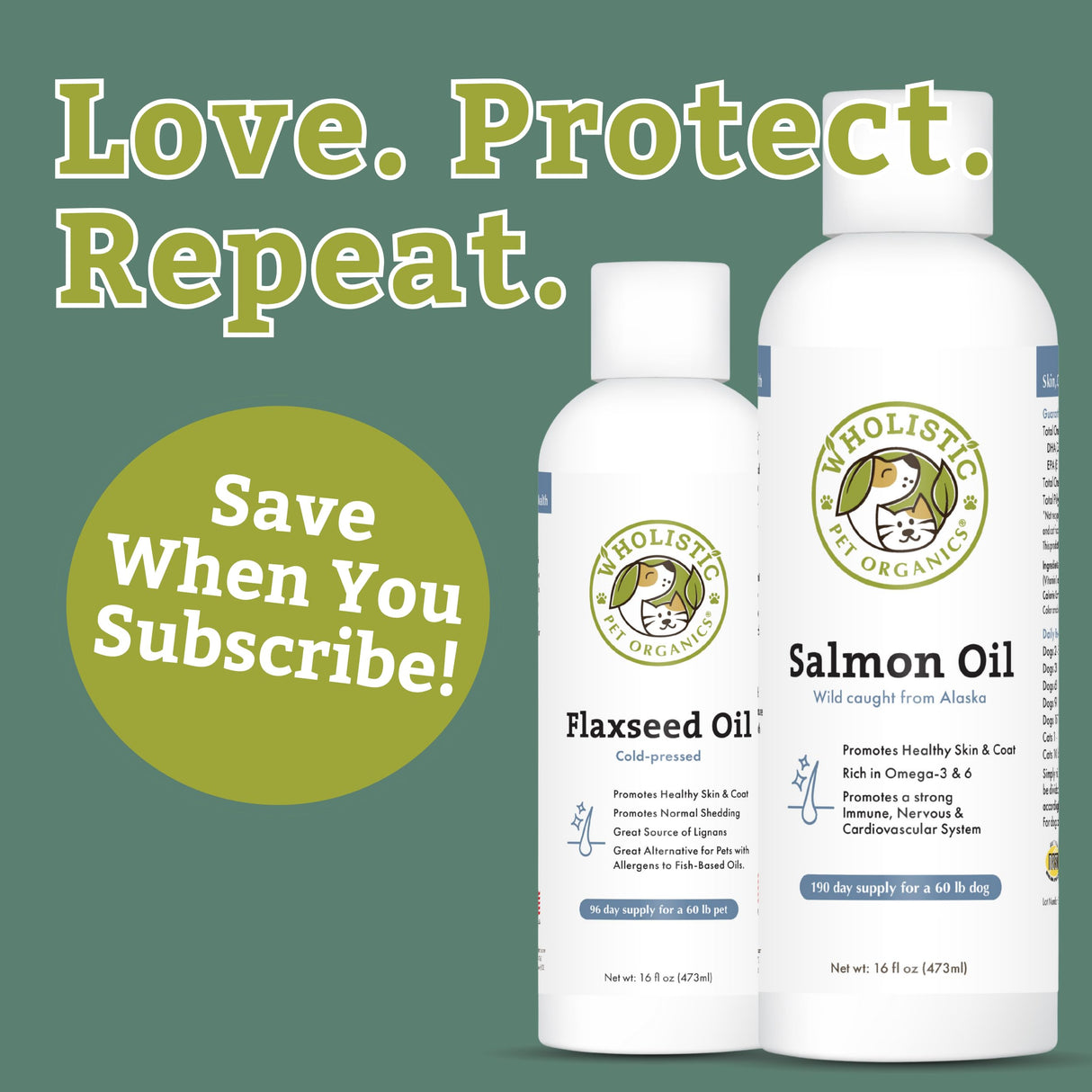 Wholistic Pet Organics Salmon Oil: Deep Sea Wild Alaskan Salmon Oil for Dogs and Cats - Natural Omega 3 Dog Fish Oil Supplement with EPA and DHA for Skin, Coat, Heart and Nervous System Health