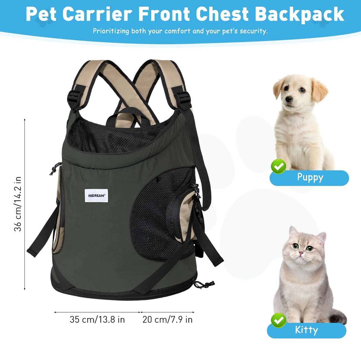 ETIAL Pet Dog Cat Carrier Front Chest Backpack, Hands Free Cross Shoulder Sling Bag with Padded Bottom & Safety Strap for Puppy Kitten Travel Hiking and Outdoor Use (8-18lbs,Grey)