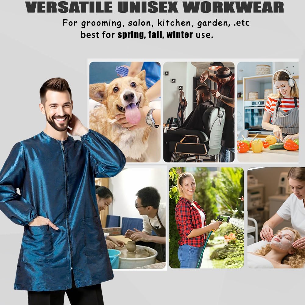 Dog Grooming Smock Water-Repellent Hair-Repellent with Long Sleeves Large Pockets Anti-Static Fabric (Blue, L)