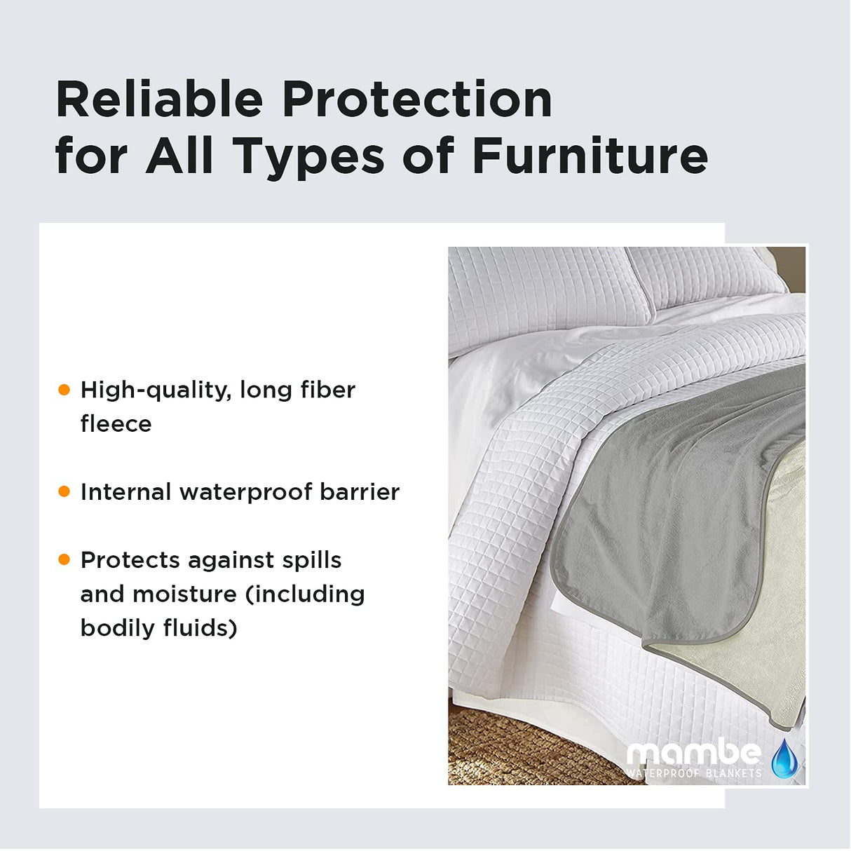 Mambe Silky Waterproof Throw for Protecting Furniture Bed Couch from Stains Caused by Dogs, Cats, Incontinence. Soft, Washable, Reversible. (Size Long/Sofa 70x120 inches, Color Buff/Dove)