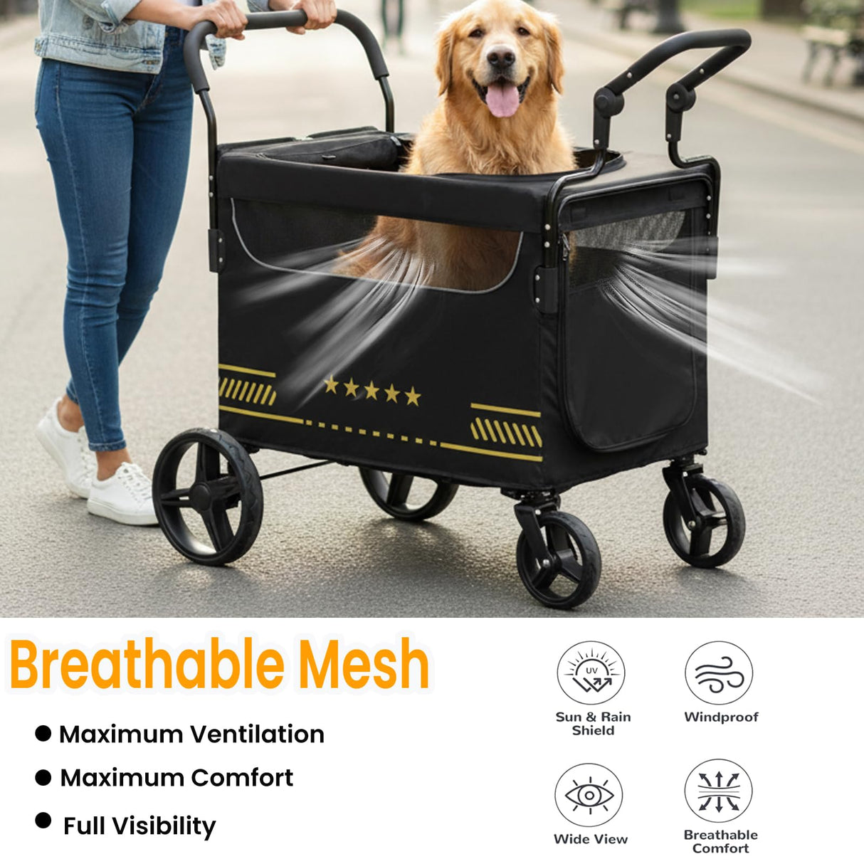 TTPet Extra Large Pet Stroller with Ramp, Dog Stroller for Large & Medium Dogs up to 180lbs, Foldable Dog Wagon with Dual Handle & Brake, Portable Puppy Travel Strollers for Cats & Dogs