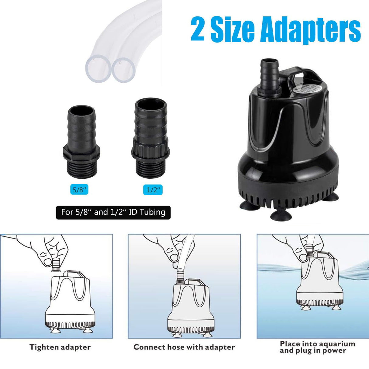hygger 215 GPH Quick Water Change Aquarium Pump Submersible Fountain Water Pump Fish Tank Pond Drain Transfer Pump with 2 Adaptors Black