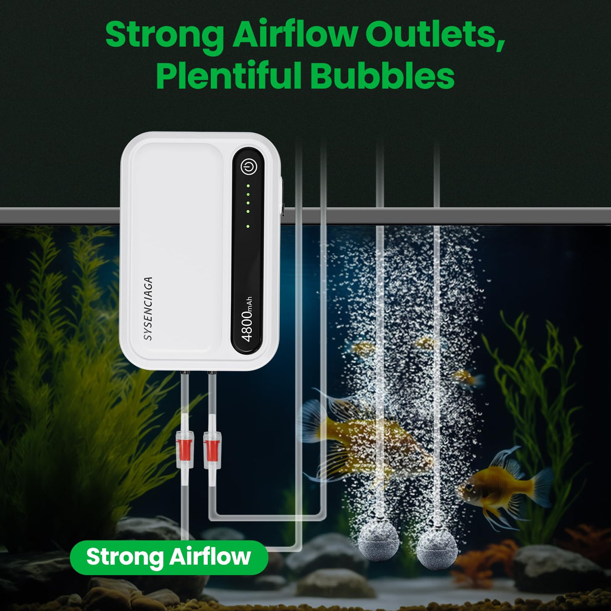 Aquarium Air Pump-Portable Air Pump for Outdoor Fishing, Rechargeable Aerator for Bait Bucket & Backup for Aquarium Fish Tank, Battery Powered Bubbler (2 Outlet 4800mAh)