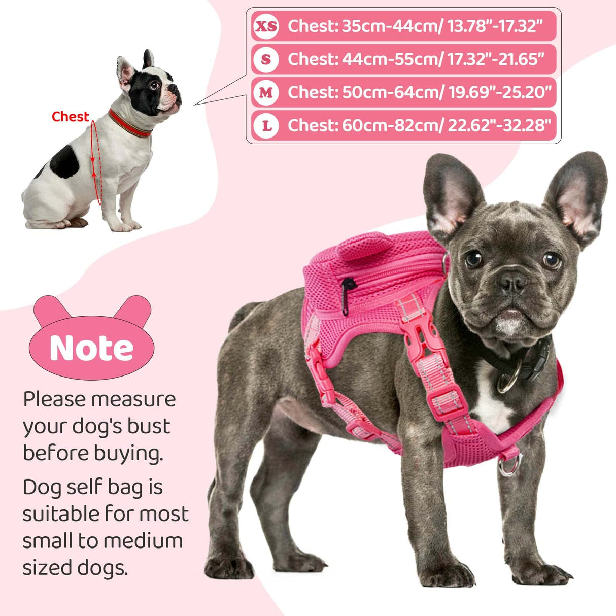 OUOBOB Dog Harness with Backpack, Adjustable Dog Backpack Harness for Small Medium Dogs, No-Pull Breathable Backpacks for Dogs to Wear, for Traveling, Hiking, Camping, Training, Pink L