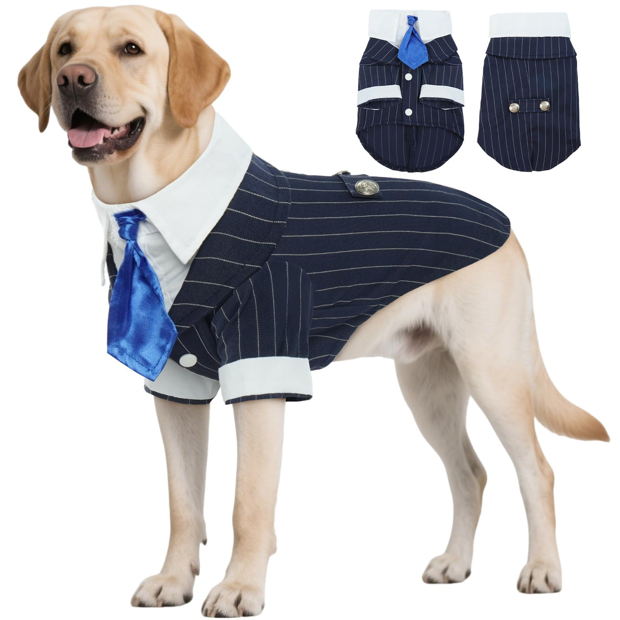 DENTRUN Navy Blue Dog Tuxedo - Formal Pinstripe Pet Suit Shirt with Satin Tie, Elegant Wedding Outfit Birthday Party Attire for Golden Retriever Husky Border Collie Large Dogs (Polyester), XXXL