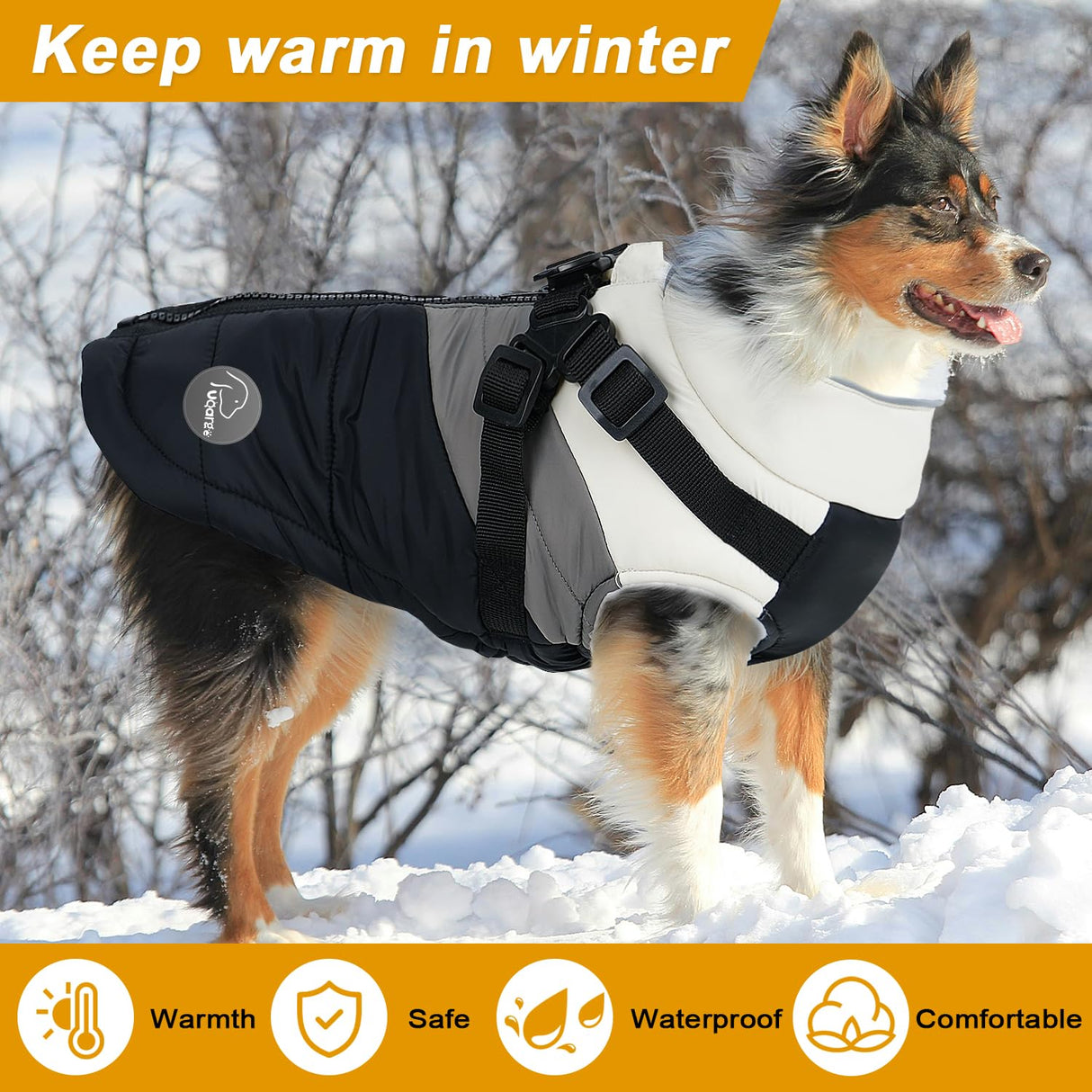 ANNICOO Warm Dog Winter Coat,Waterproof Dog Jacket with Built-in Harnes (Black, XL)