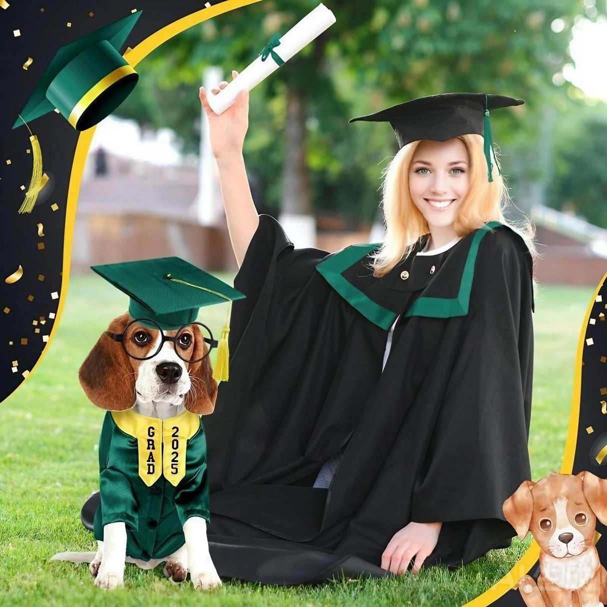 Dog Cat Graduation Costume Set 5Pcs Pet Graduation Gown Stole Puppy Grad Cap Lensless Glasses DIY Letter Stickers for Christmas Halloween Holiday (Noble Purple, Small)