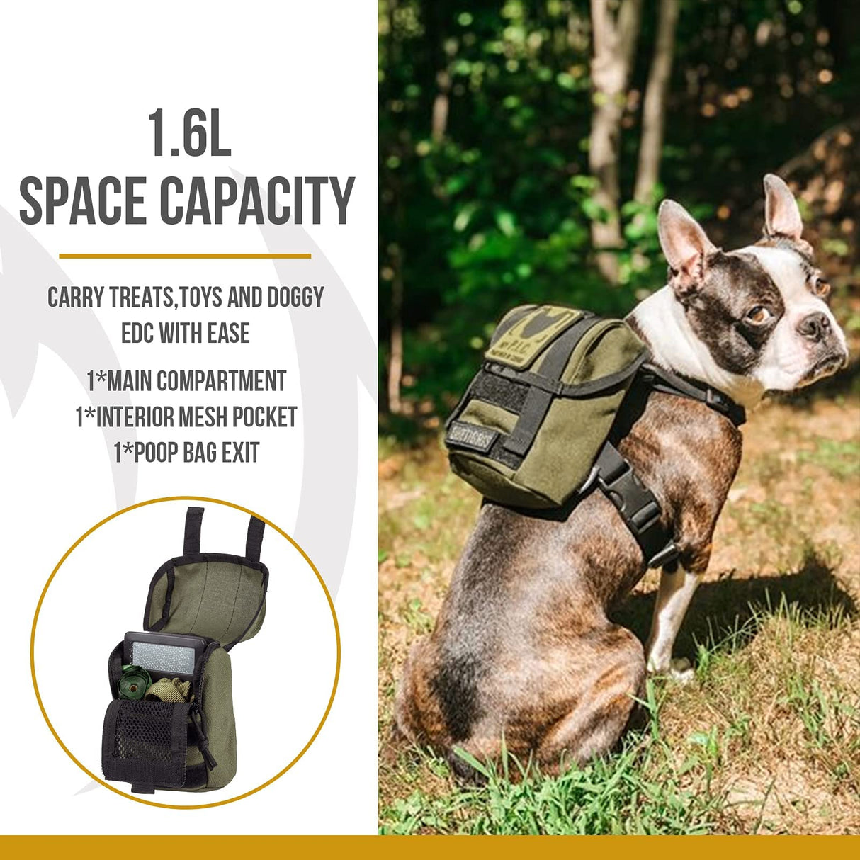 OneTigris Dog Pack, Backpack Durable Small Medium Dog Pack with Litter Bag Exit for Camping Hiking Daily Walking (Ranger Green, X-Small)