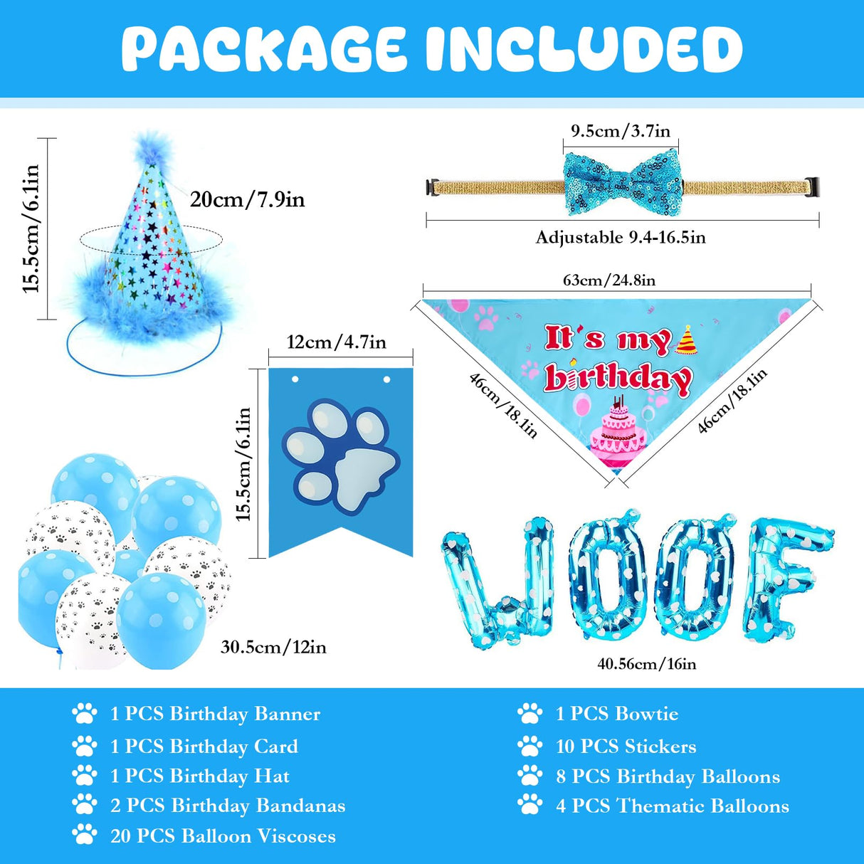 Floofelove 9Pcs Boy Gril Dog Birthday Decorations - Boy Dog Birthday Hat Party Supplies with Birthday for Dogs Hat Bandana Banner & Balloons Bow tie Outfits