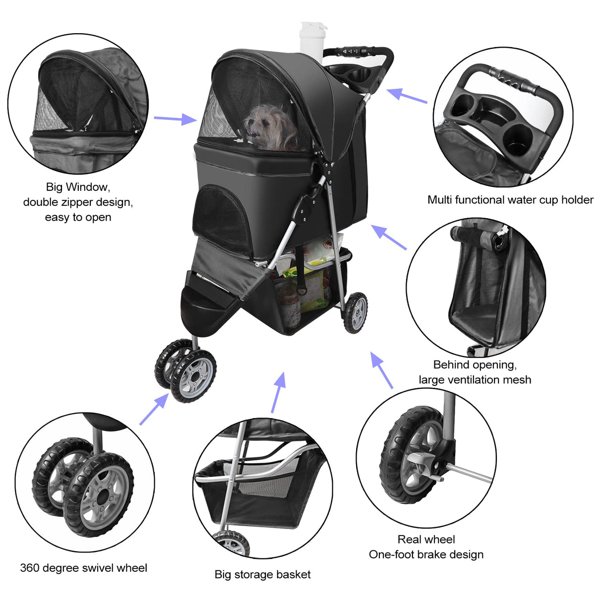 Pet Strollers for Small Medium Dogs & Cats, 3-Wheel Dog Stroller Folding Flexible Easy to Carry for Jogger Jogging Walking Travel with Sun Shade Cup Holder Mesh Window (Black)
