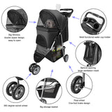 Pet Strollers for Small Medium Dogs & Cats, 3-Wheel Dog Stroller Folding Flexible Easy to Carry for Jogger Jogging Walking Travel with Sun Shade Cup Holder Mesh Window (Black)