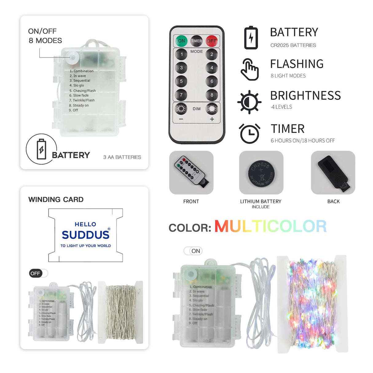 suddus 33ft 100 LED Outdoor String Lights, Multi Color Fairy Lights Battery Operated with Remote, Led Twinkle Lights for Bedroom, Backyard, Wedding, Tree, Mason Jar, Wall, Centerpiece, Christmas