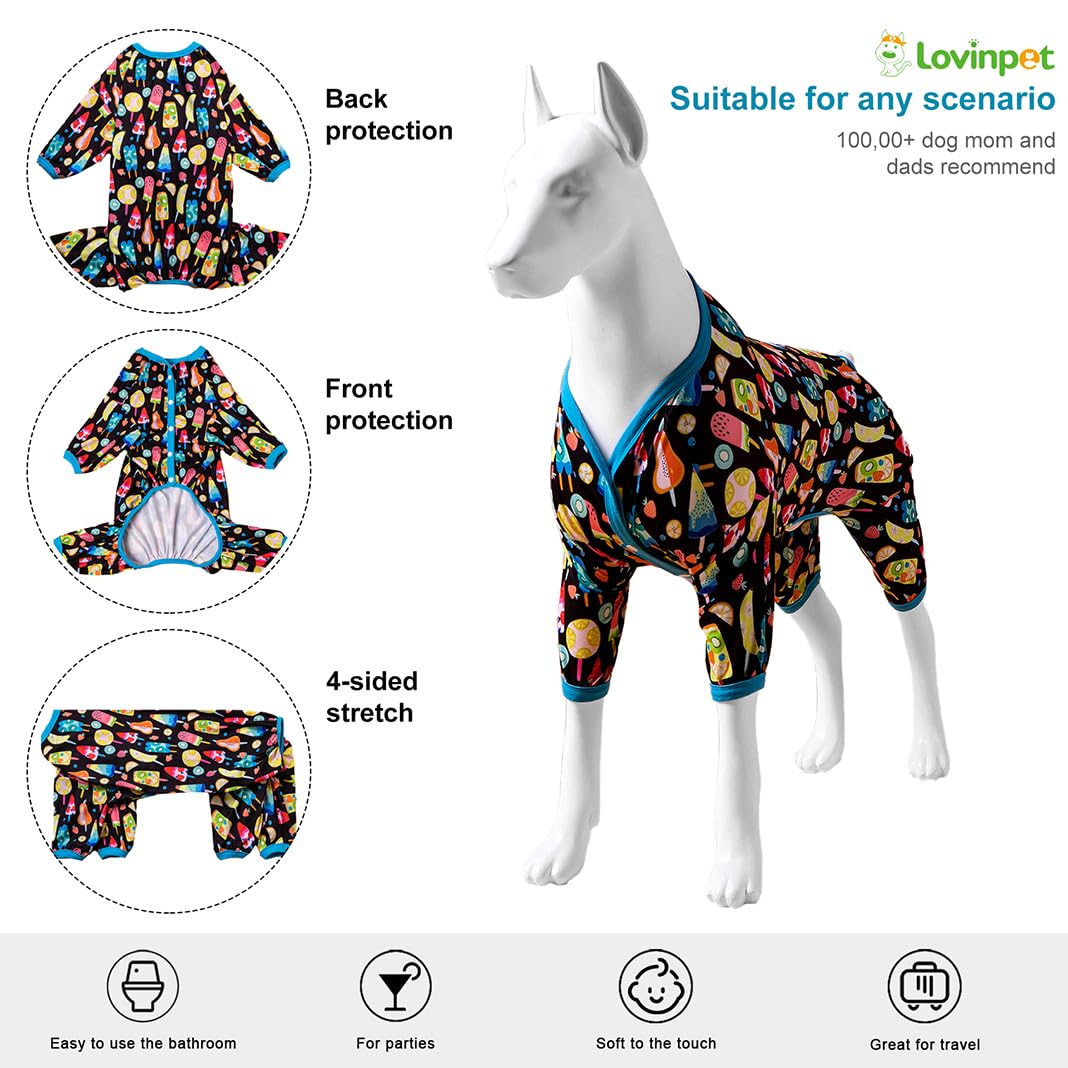 LovinPet Big Dogs Pajamas Onesies - Full Belly Coverage, Pajamas for Pitbulls, Pullover Shirt for Large Breed Dogs, Pitbull Clothes, Fruit Popsicle Print, Lightweight Big Dog PJ's, Medium,2XL