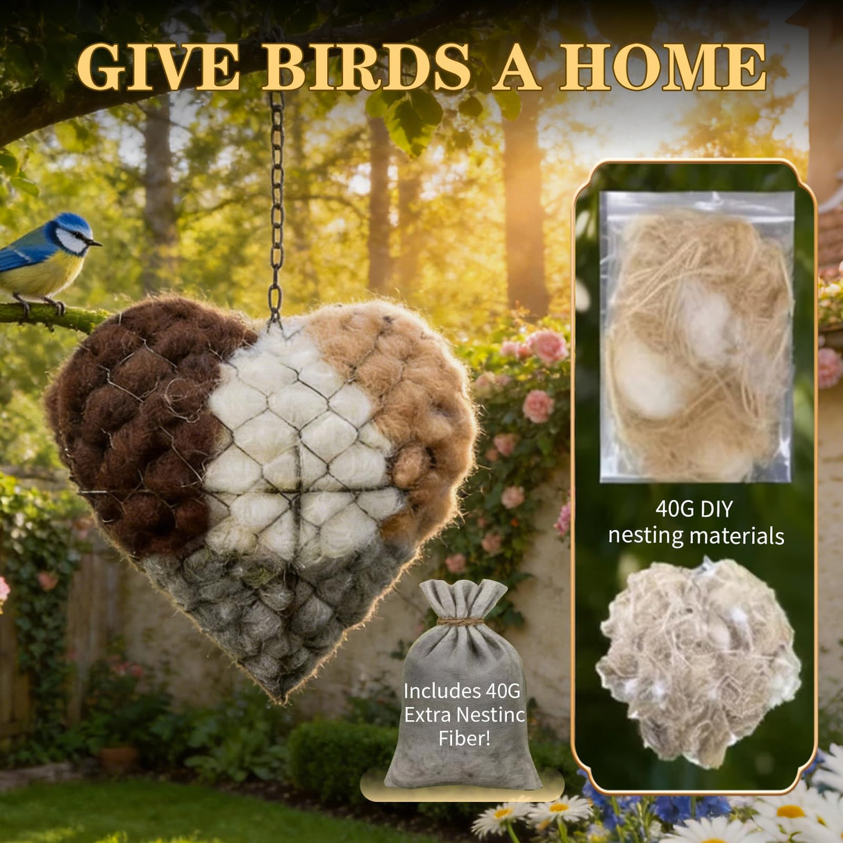 IENG Alpaca Fiber Bird Nesting Heart House Handmade Material Wild Birds Fur for Balls Wool Natural Box Nest Lovers Gift Holder Birdhouse Nido De Pajaros Cage Outdoor Yard Art Winter Shelter