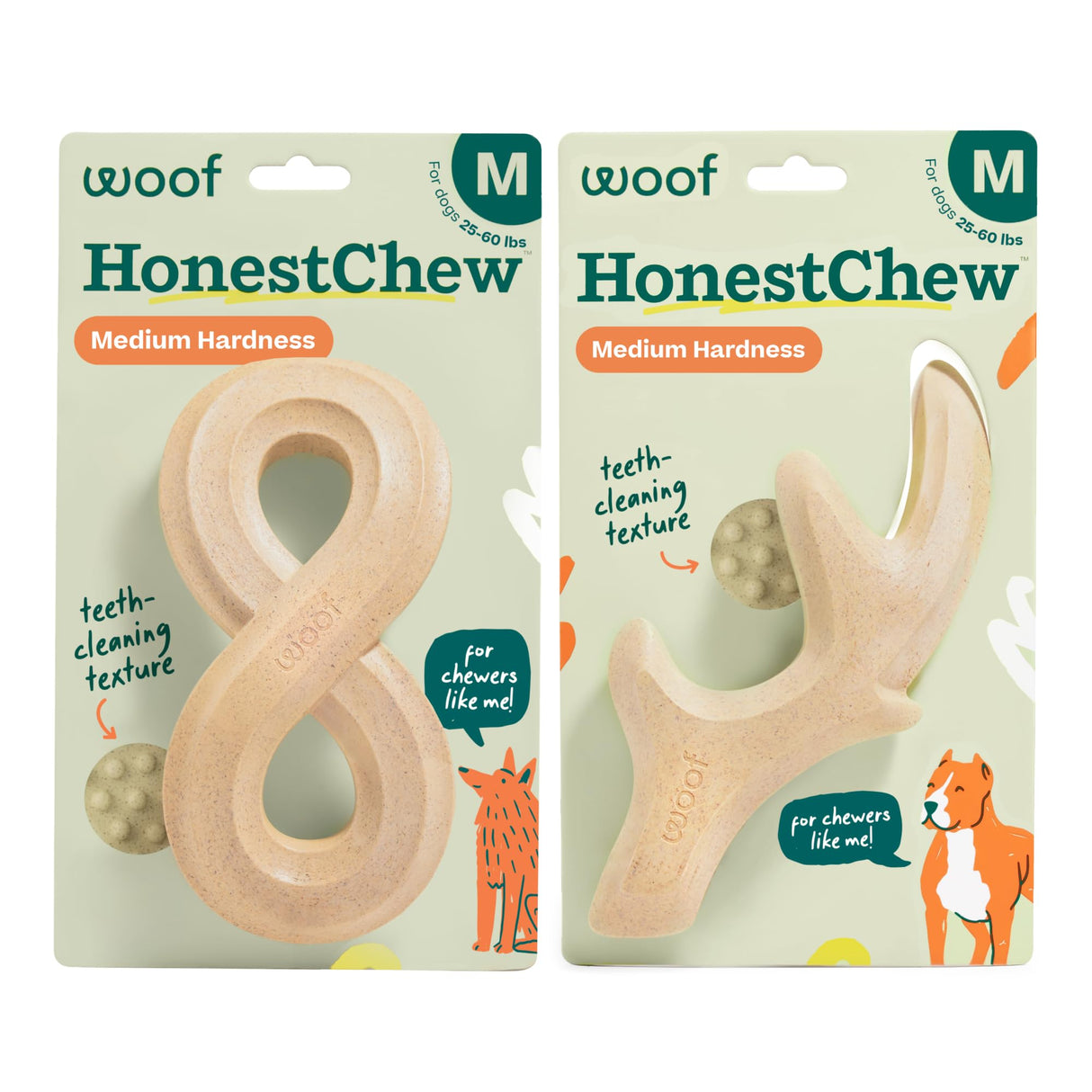 WOOF HonestChew Dog Toy Duo - Durable Dog Chews - Made with Plant-Based Ingredients - Splinter-Resistant - Safer Than Dog Bones - with HonestChew Antler and Infinity - Gift for Dogs - Medium