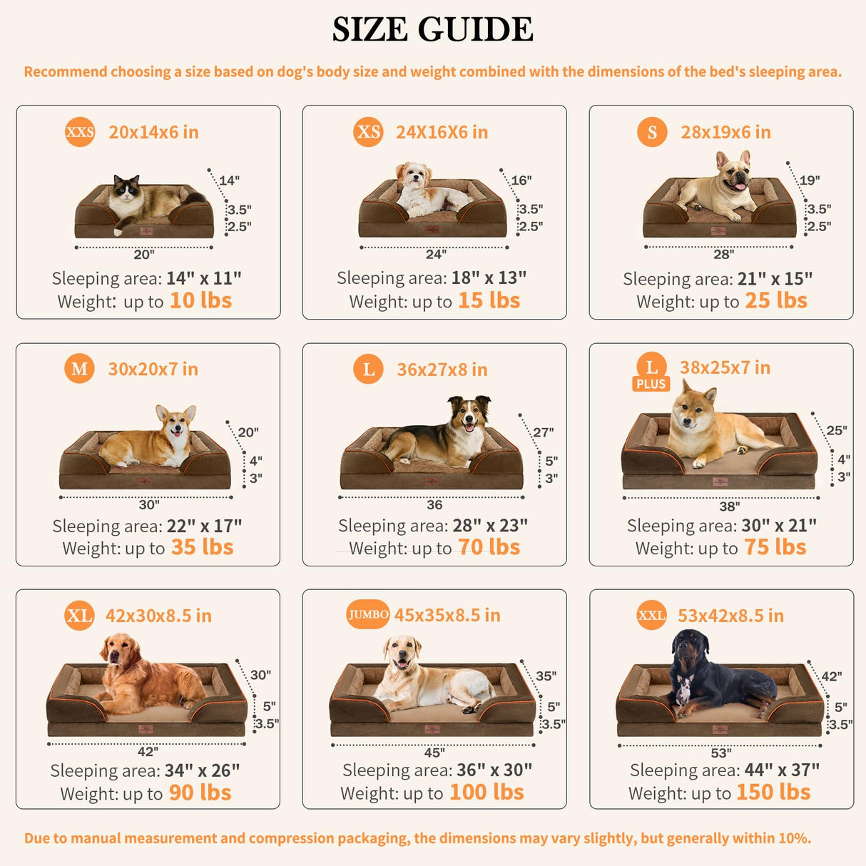 Comfort Expression Orthopedic Dog Bed for Extra Large Dogs 45x35 Inch, Waterproof Supportive Egg Crate Foam XL Pet Bed with Removable Bolsters, Dog Couch with Washable Cover & Non-Slip Bottom, Brown