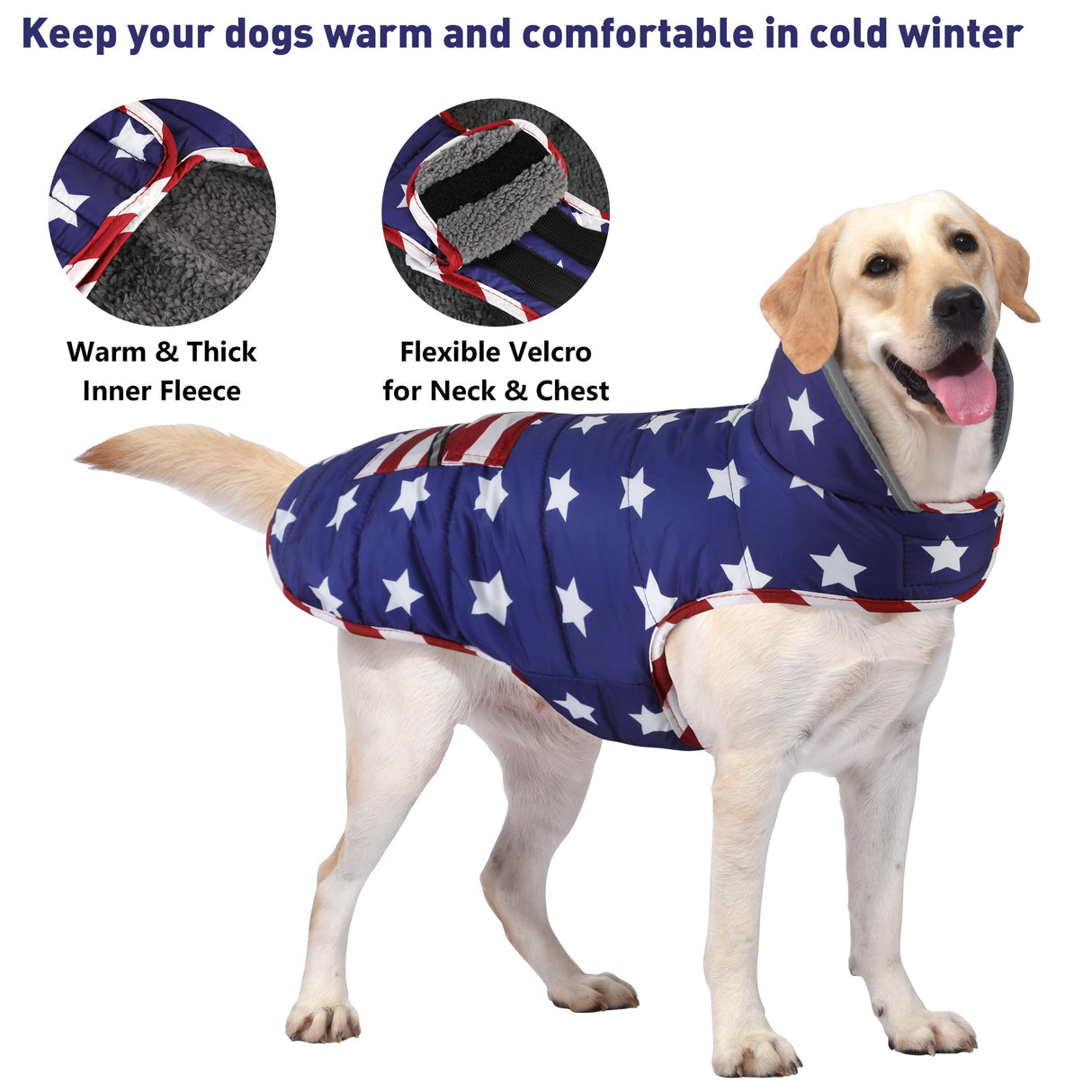 Petglad Dog Coat, Waterproof Dog Winter Jacket with Pocket, Reflective Adjustable Pet Snow Vest, Warm Cozy Fleece Sweater for Small Medium Extra Large Dogs - American Flag, XS