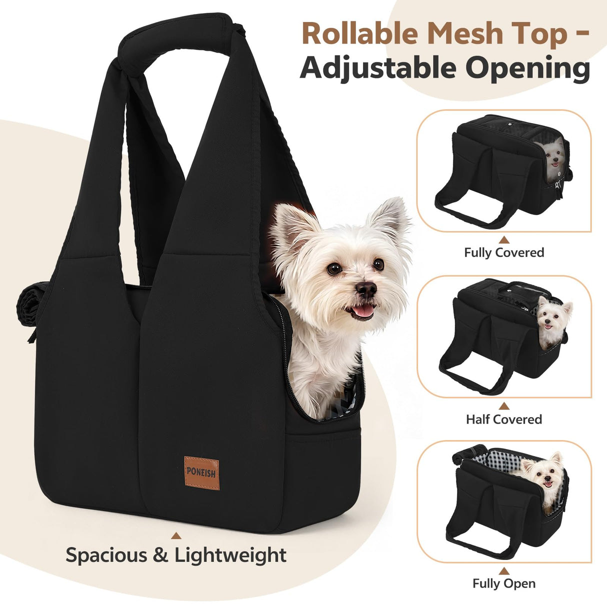 Dog Purse Carrier for Small Dogs and Cats, Soft-Sided Pet Tote Bag with 6 Large Pockets, Collapsible Travel Puppy Carrier, Fits Pets up to 16 lbs (Black, 17.5" L x 8" W x 12" H)