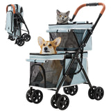 LPOTIUS Double Pet Stroller for Dogs and Cats, One-Hand Folding Dog Stroller Travel Carriage for Small Medium Dogs Cats, 4 Wheels, Blue