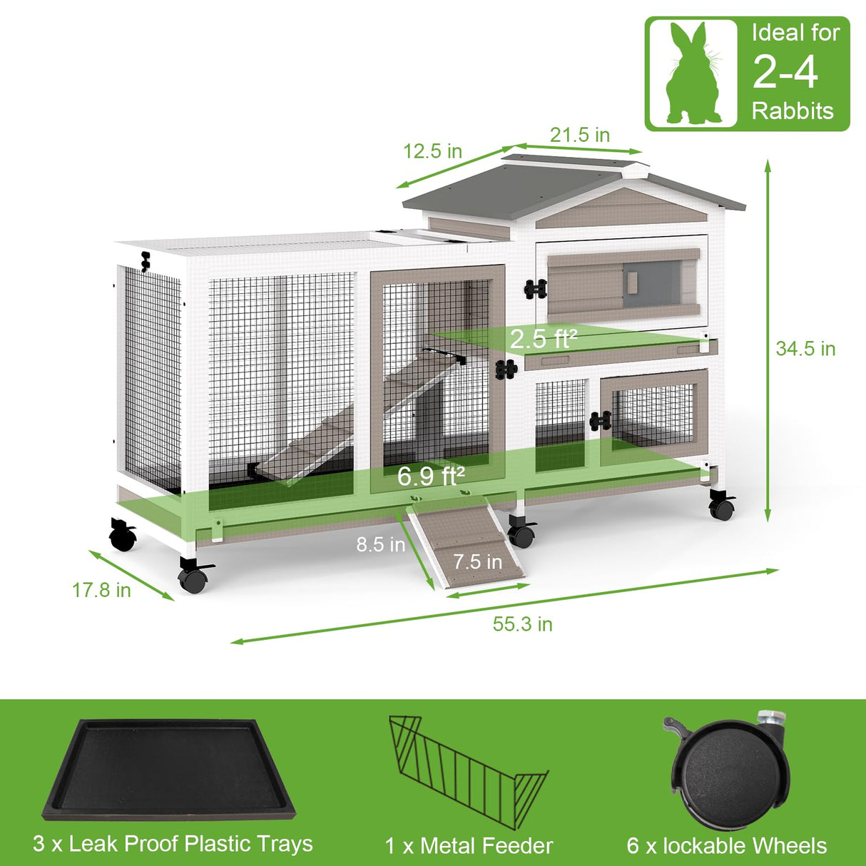 2 Story Rabbit Hutch Outdoor Indoor, Wooden Bunny Cage with 6 Lockable Wheels, 3 Removable No Leakage Pull Out Trays, Chew-Proof Ramp & Waterproof Roof, Ideal for Rabbit & Guinea Pig