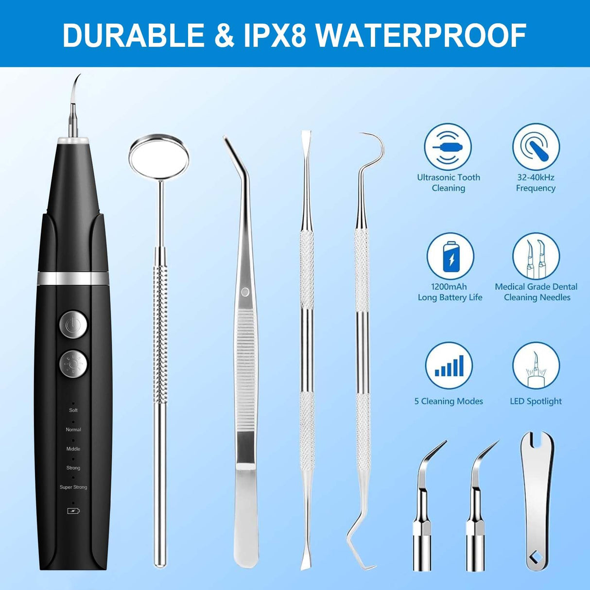 Ni-SHEN Plaque and Tartar Remover, Dog Ultrasonic Teeth Cleaner Toothbrush for Tartar and Stains with LED Light, 5 Modes Low Noise Sonic Tooth Cleaning Kit Tool for Dogs (Black)