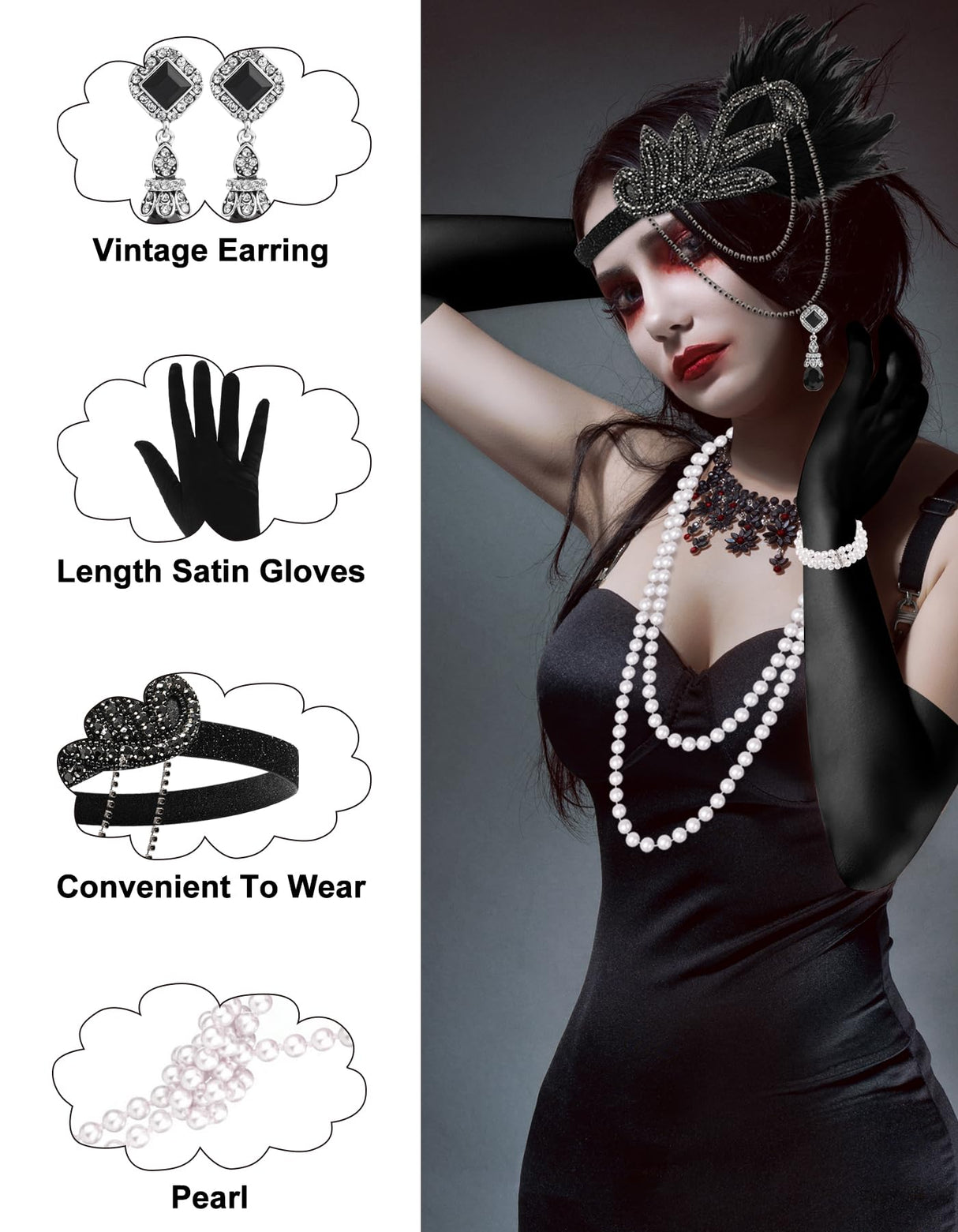PLULON 6 Pcs 1920s Flapper Accessories for Women, Great Gatsby Flapper Accessories Fashion Roaring 20s Costume for Women