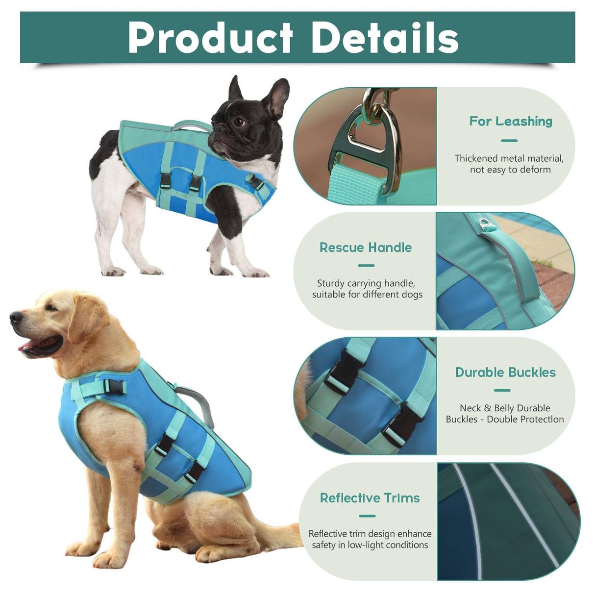 PETDSH Dog Life Jacket Large, High Flotation Dog Life Vest for Swimming Boating, Reflective Puppy Lifejacket with Superior Buoyancy and Rescue Handle, Adjustable Safety Dogs Floating Vests