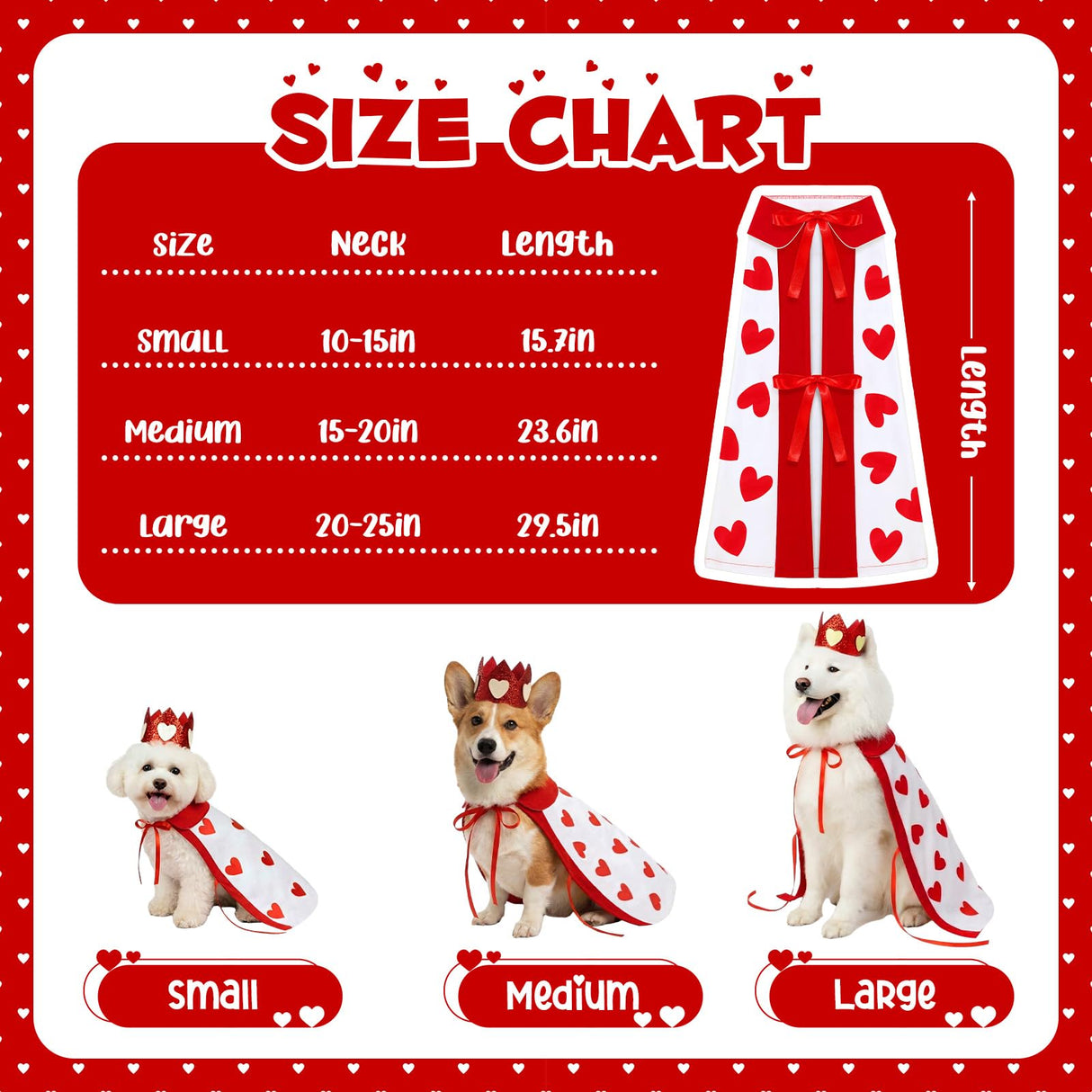 Hillban Valentine's Day Dog Costume Heart Crown and Cape Cover Set Dog Queen Valentines Outfit Heart Cape Hat for Small, Medium, Large Dogs and Pets(L)