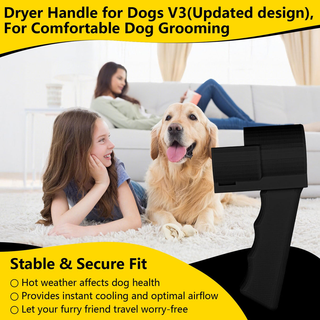 Grip Dryer Handle for Dogs V3, Lightweight Holder for High Velocity Dog, Enhanced Comfort & Control for Pet Grooming Dryers(Black)