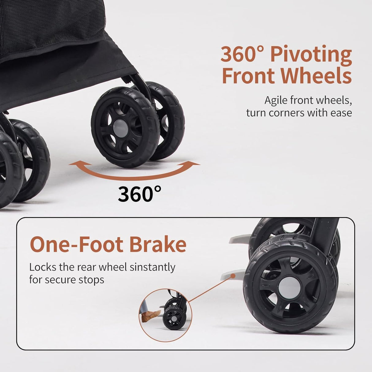 TerraPede Lightweight 10 lbs Foldable Pet Stroller for Small Dogs & Cats, Easy-Fold Compact, with Adjustable Sun Canopy, Cup Holder, Breathable Mesh, Pad & Storage Bag, Holds 33 lbs, Dark Black