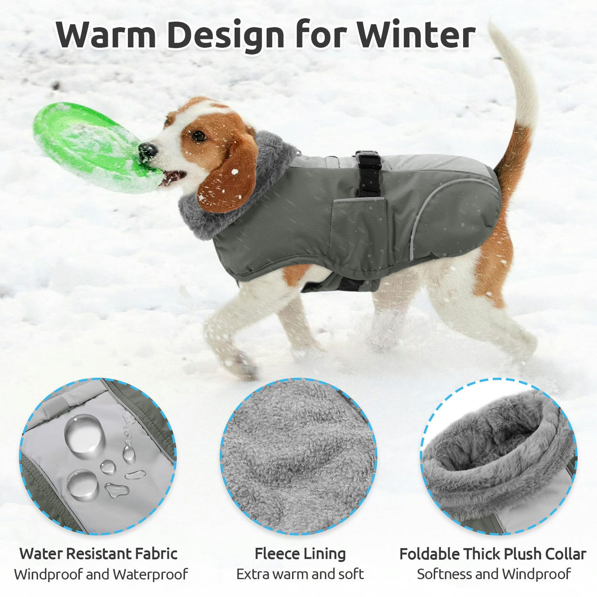 Queenmore Dog Winter Jacket, Fleece Dogs Vest for Winter, Dog Cold Weather Coats, Puppy Coats for Medium Breeds Waterproof, Pet Snowsuit with Leash Hole, Grey, M