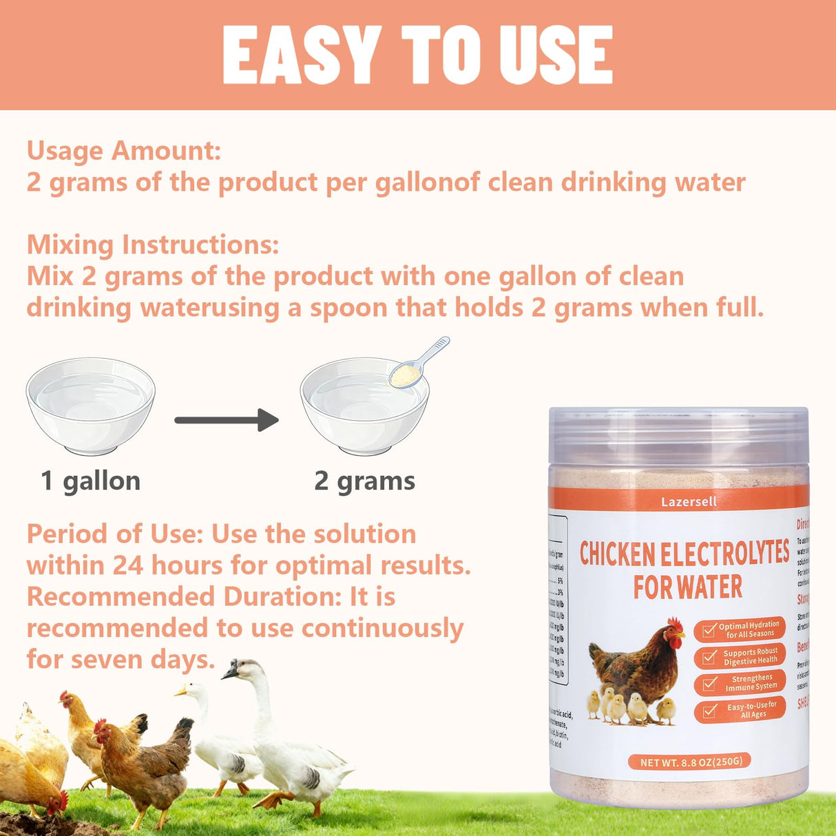 Chicken Electrolyte for Water, Ideal for Hydration, Immunity, Digestive Health, Chicken Vitamins, Electrolytes, and Probiotics, Multipurpose Poultry Vitamins for Chickens, Ducks, Turkeys, 8.8 OZ