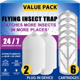 Flying Insect Trap for Indoor Use (2 Staters & 6 Refill Cartridges), UV Light Bug Catcher for Fruit Flies, Gnats & Small Flying Pests, Silent, No-Zap, Mess-Free