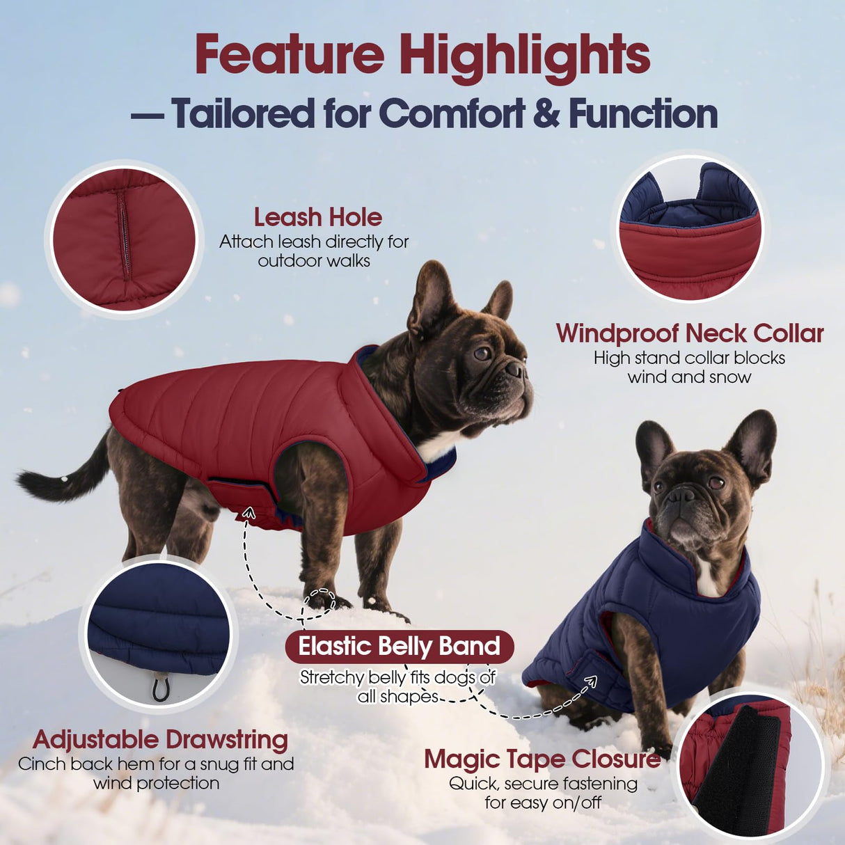 QBLEEV Reversible Dog Coat for Large Dogs, Waterproof Windproof Winter Jacket Keeps Big Breeds Warm & Dry, Adjustable Hook & Loop Puffer Vest, Wine Red, 3XL – Fits Labrador, Weimaraner, Great Dane