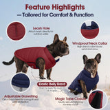 QBLEEV Reversible Dog Coat for Large Dogs, Waterproof Windproof Winter Jacket Keeps Big Breeds Warm & Dry, Adjustable Hook & Loop Puffer Vest, Wine Red, 3XL – Fits Labrador, Weimaraner, Great Dane