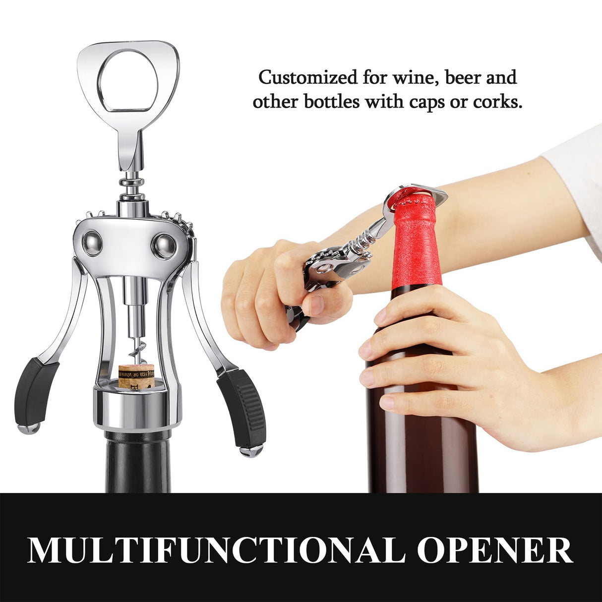 Wine Opener, Heavy-Duty Zinc Alloy Wing Corkscrew, Premium Beer Bottle Opener, Multifunctional Wine Accessories with Ergonomic Handle and Sharp Screw, for Kitchen, Bar, Restaurant (SILVER)