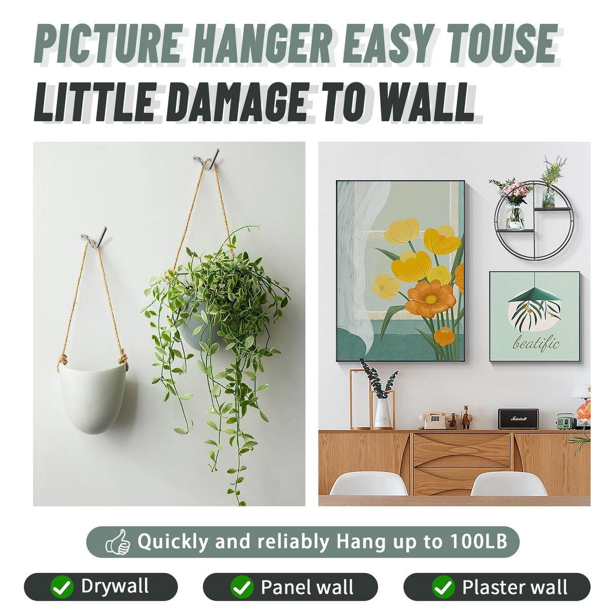 FURHUA 20pcs Super Hook Picture Hangers and Office Pack, Drywall Hooks for Hanging Pictures, Wall Hooks, Picture Hangers, Picture Hanging Kit，Hang Art, Clock, Shelves, Mirrors