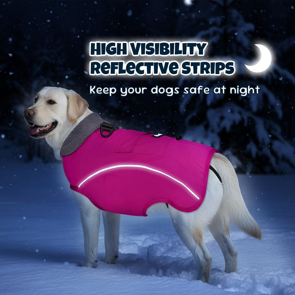 SlowTon Dog Winter Coat - Waterproof Fleece-Lined Dog Snow Jacket, Windproof Cold Weather Clothes with Reflective Stripes, Leash D-Ring & Storage Pocket for Medium Large Dogs (Pink, L)