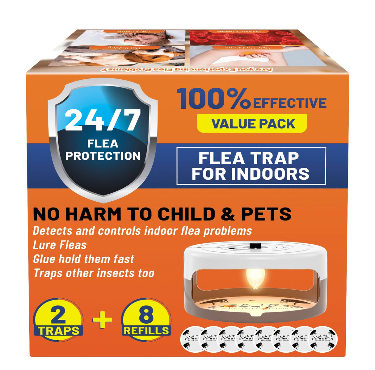 2 Pack Flea Traps for Inside Your Home, Indoor Flea Light, Bed Bug Killer with 8 Sticky Pads & 4 Light Bulb, Odorless Natural Insect Infestation Treatment Trap for Kid Pet