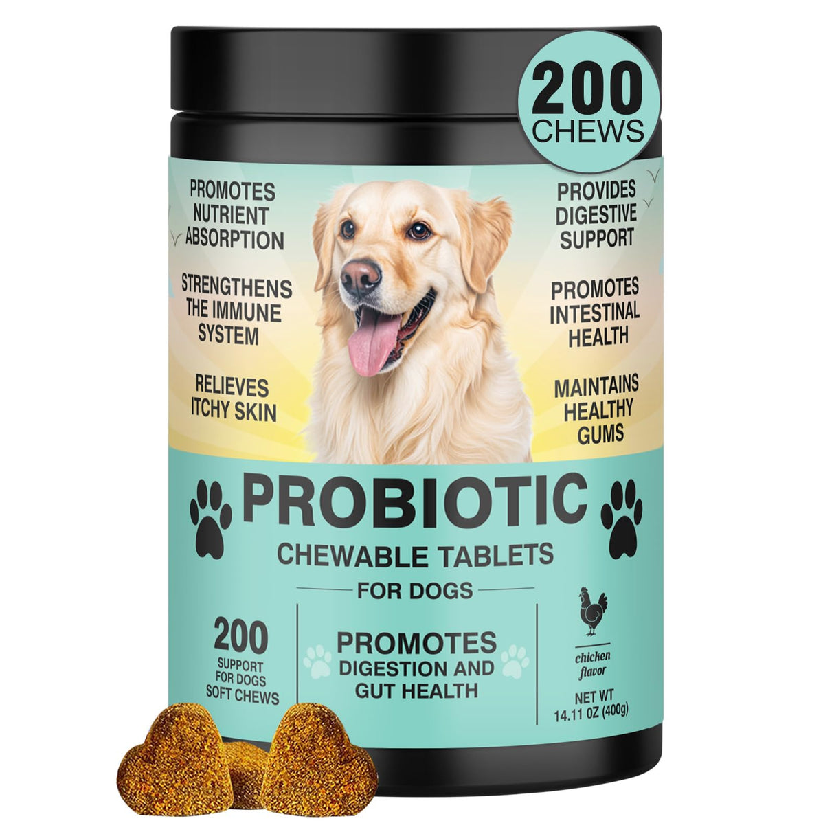 Probiotics for Dogs Gut Digestive Health Probiotic Chew for Dogs Digestive Enzymes Relieve Diarrhea Immunity Oral Problems Itching Constipation Prebiotics Dog Probiotics 200 Tablets Chicken Flavor