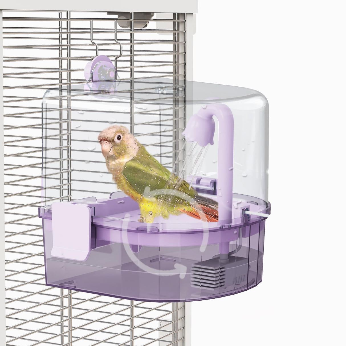 YOOSO WING Automatic Bird Baths for Cage – Indoor Parakeet Bath with Pump, Bird Shower with 2 Modes Running Water, Bird Cage Accessory for Pet Birds Conure Budgies Cockatiels Lovebird (Purple)