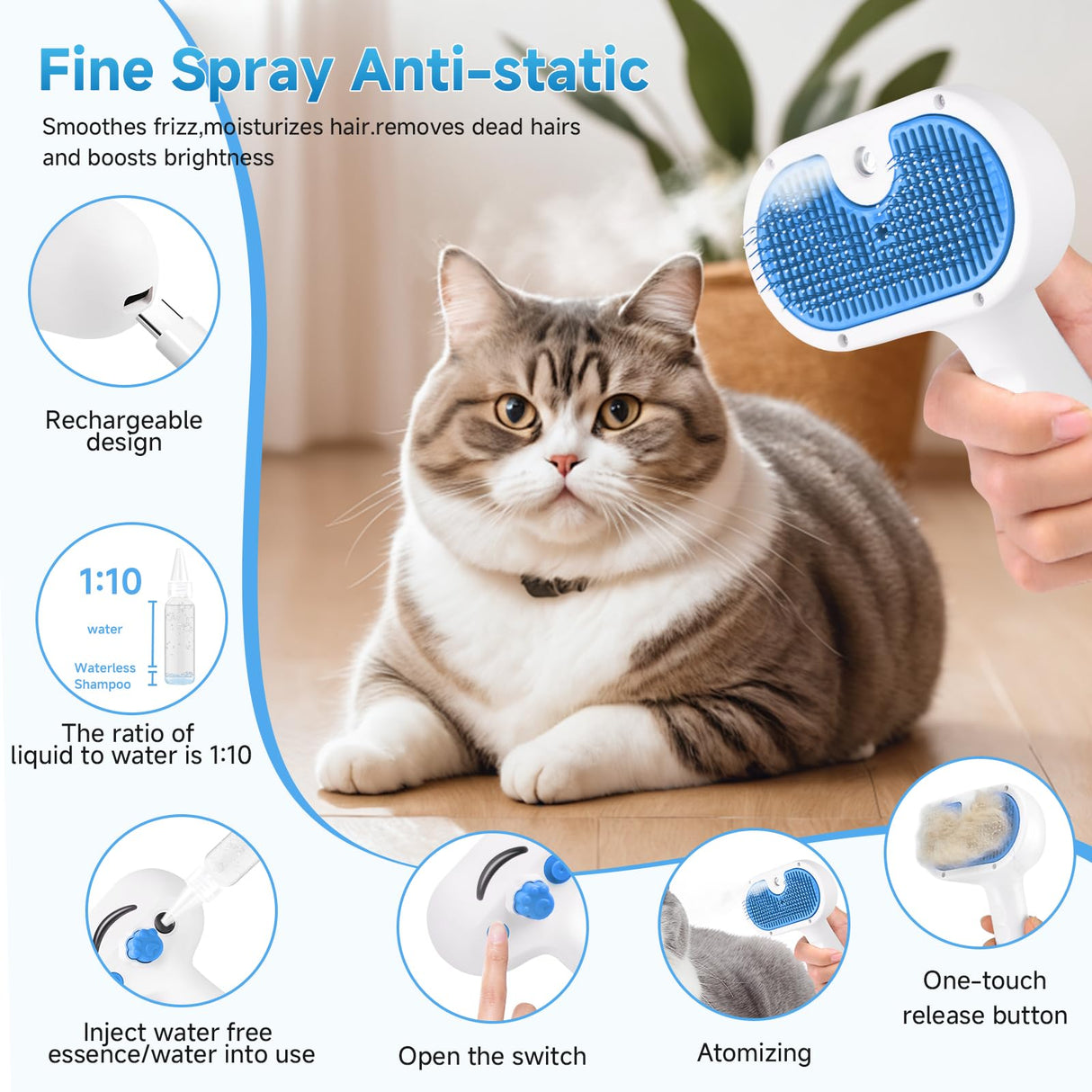 Pet Steam Brush for Dog & Cat - 3-in-1 Steam Grooming Brush for Shedding & Hair Removal - Self Cleaning Spray Comb with Mist for Long Haired Pets - Includes 1*Waterless Shampoo, Blue.