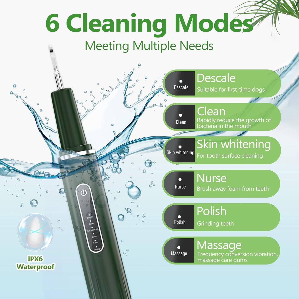 Opdent Dog Plaque and Tartar Remover - Dog Tooth Brushing Kit Electric Toothbrush for Dogs,5 Adjustable Mode& 3 Cleaning Head, Plaque Remover for Teeth Stains for Dogs and Cats (Green)